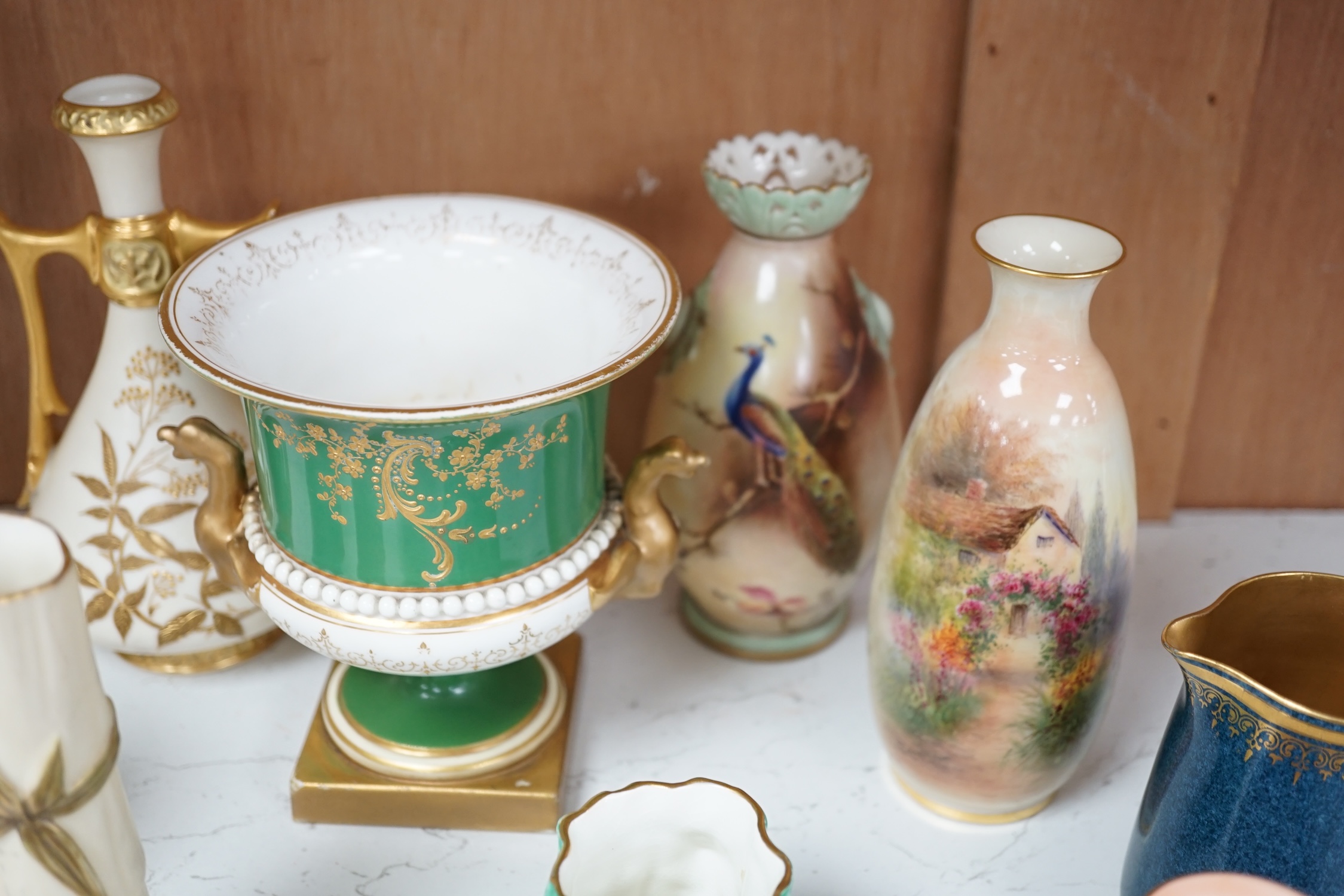 Twelve Worcester ornamental items, including Hadley's and Locke, tallest jar and cover 21cm high (12). Condition - fair, some small chips to floral encrusted vase